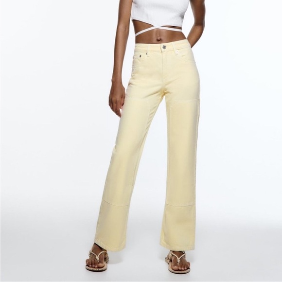NWT ZARA Mid Rise Patch Pocket Yellow Jeans 2 - Picture 1 of 16